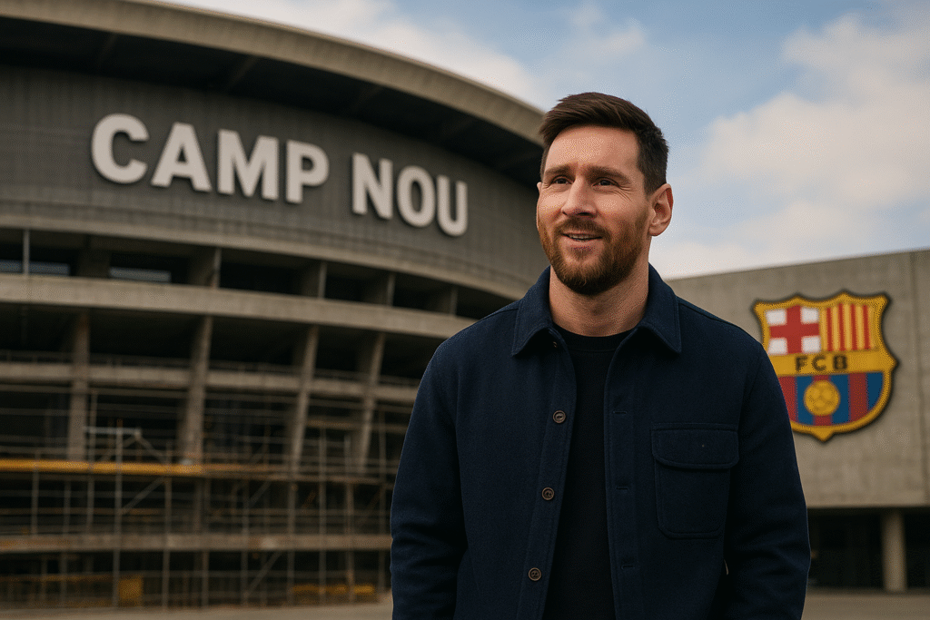 Lionel messi di depan stadion Camp Nou yang ikonik di Barcelona, mungkin seorang pendukung atau pelatih.
