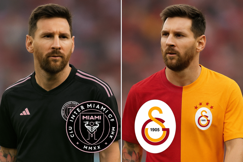 Lionel Messi dalam kolase digital mengenakan seragam Inter Miami dan Galatasaray, menggambarkan rumor kepindahan sementara antara dua klub tersebut.