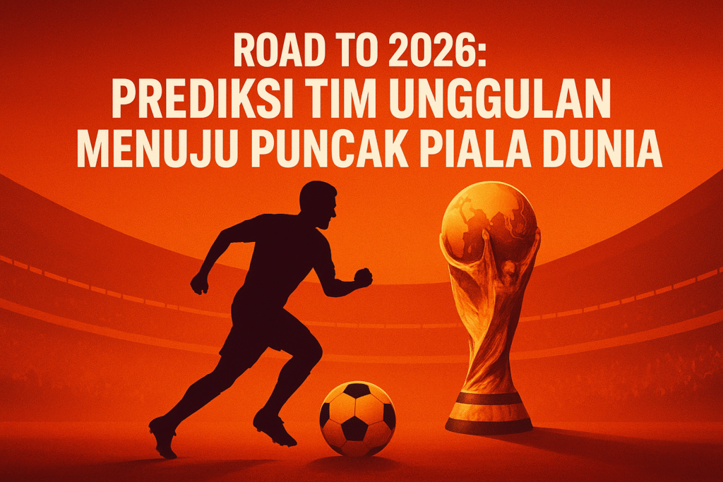 “Ilustrasi bertema Piala Dunia 2026 menampilkan siluet pemain sepak bola, bola, dan trofi World Cup di latar stadion berwarna oranye.”