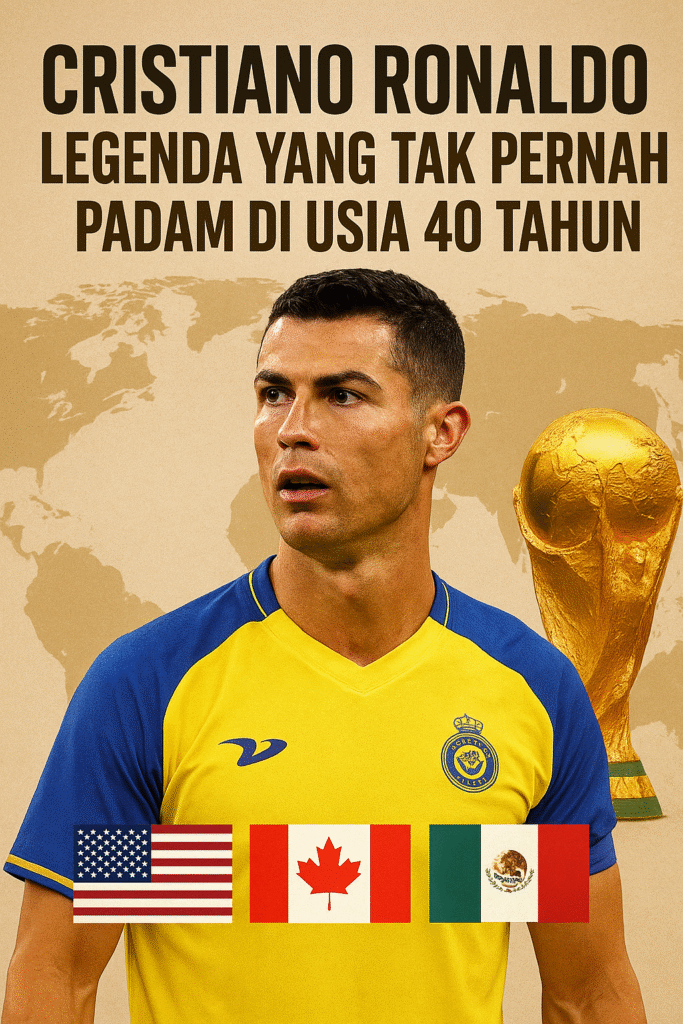 Cristiano Ronaldo mengenakan jersey Al Nassr dengan latar piala dunia emas dan tulisan “Legenda yang Tak Pernah Padam di Usia 40 Tahun”.