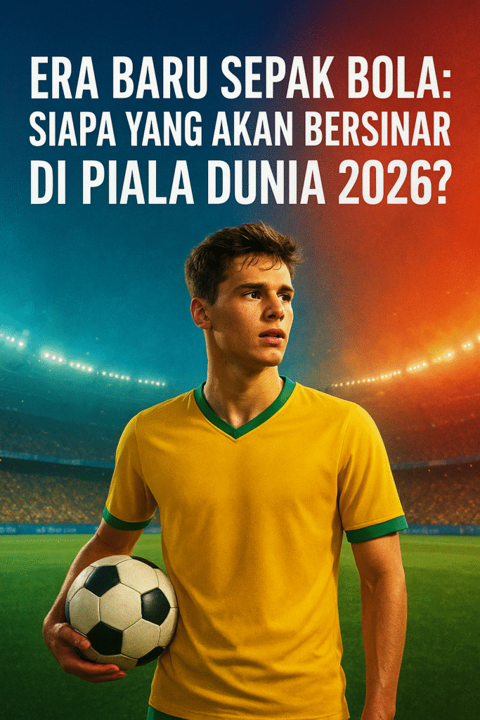 Pemain muda mengenakan jersey kuning berdiri di stadion dengan bola di tangan, melambangkan generasi baru sepak bola yang siap bersinar di Piala Dunia 2026.
