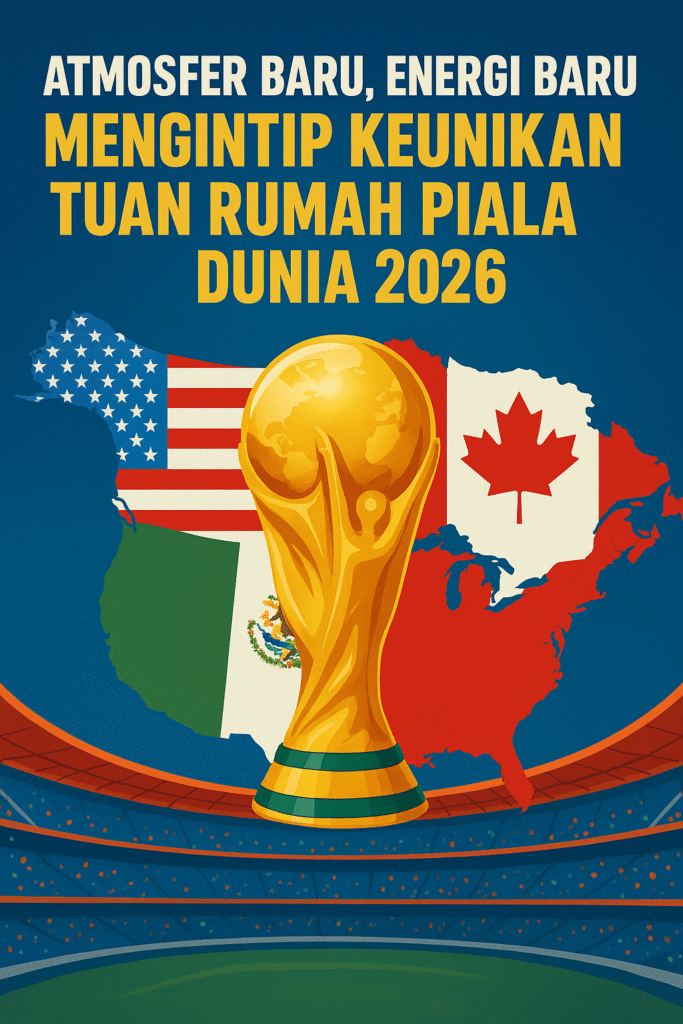Ilustrasi Piala Dunia 2026 dengan stadion modern, sorotan cahaya, dan simbol tiga negara tuan rumah — Amerika Serikat, Kanada, dan Meksiko — yang mencerminkan semangat dan energi baru turnamen. Atmosfer