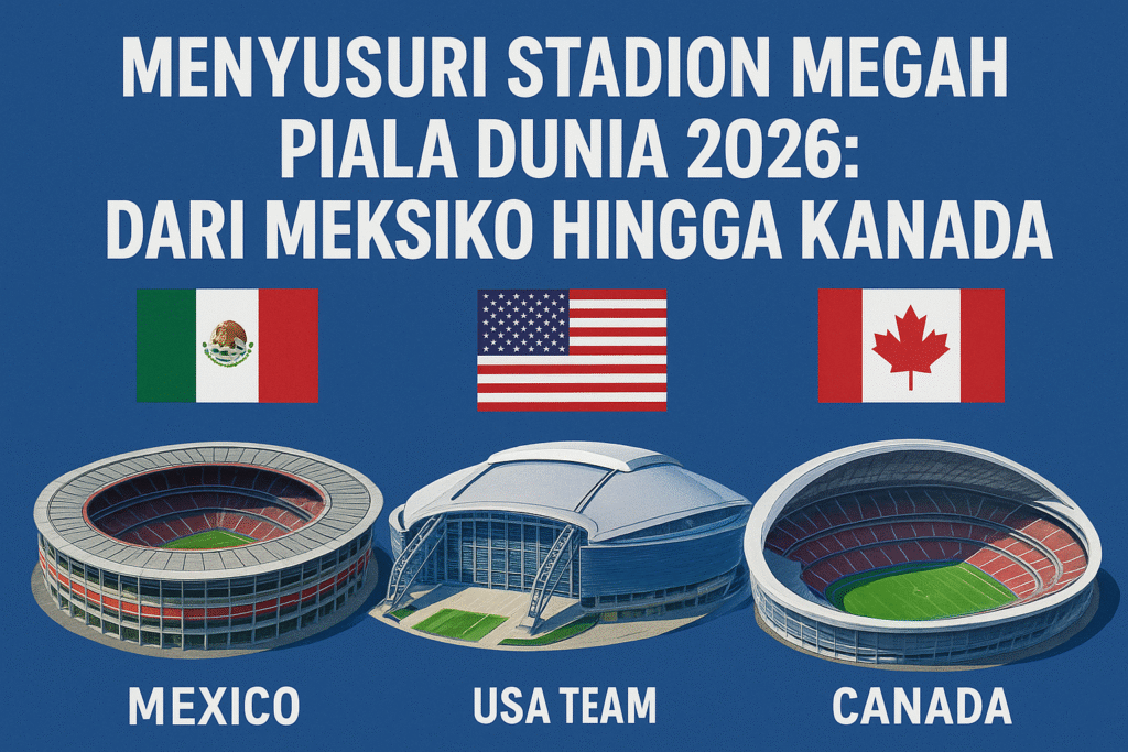 “Ilustrasi stadion-stadion megah Piala Dunia 2026 dari Meksiko, Amerika Serikat, dan Kanada lengkap dengan bendera masing-masing negara.”