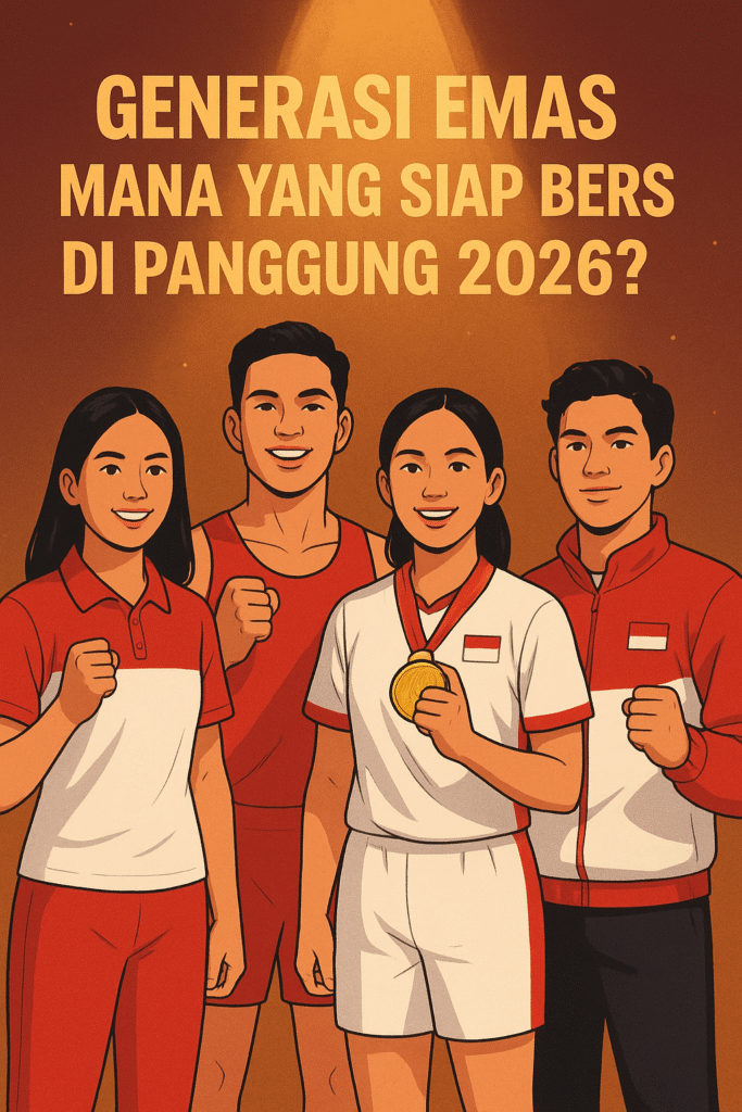 Kolase bintang muda sepak bola (Mbappé, Bellingham, Vinícius Jr.) di stadion 2026, mewakili Generasi Emas.