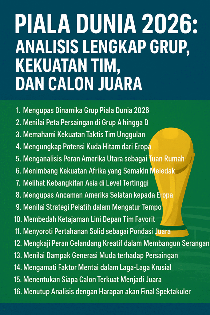 “Poster analisis Piala Dunia 2026 berisi judul besar dan daftar poin pembahasan tentang grup, kekuatan tim, serta calon juara dengan ilustrasi trofi Piala Dunia.”