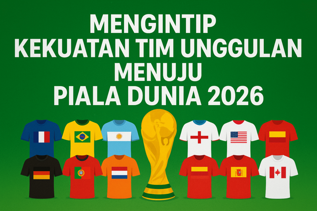 “Ilustrasi jersey tim unggulan dan trofi Piala Dunia 2026 dengan latar hijau, menggambarkan kekuatan negara kandidat juara.”