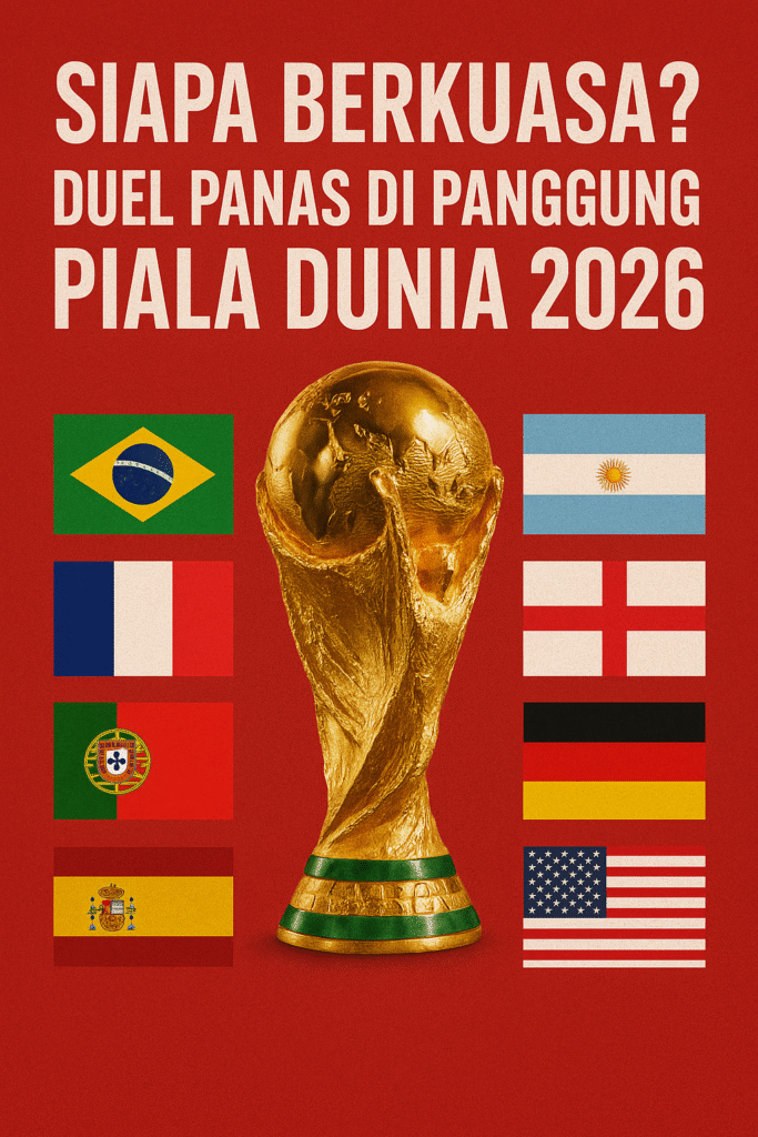 “Poster Piala Dunia 2026 dengan trofi emas dan deretan bendera negara favorit yang bersaing merebut kekuasaan di turnamen.”