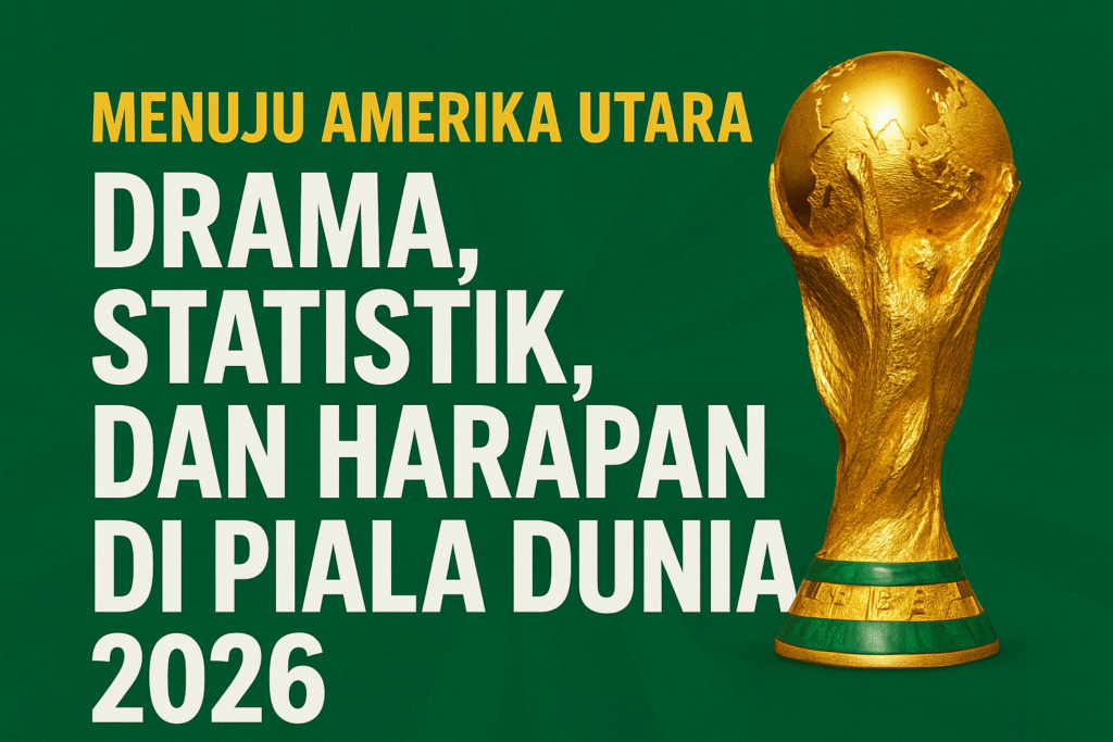 "Poster Piala Dunia 2026 dengan judul ‘Menuju Amerika Utara: Drama, Statistik, dan Harapan di Piala Dunia 2026’ disertai trofi Piala Dunia berwarna emas di atas latar hijau."