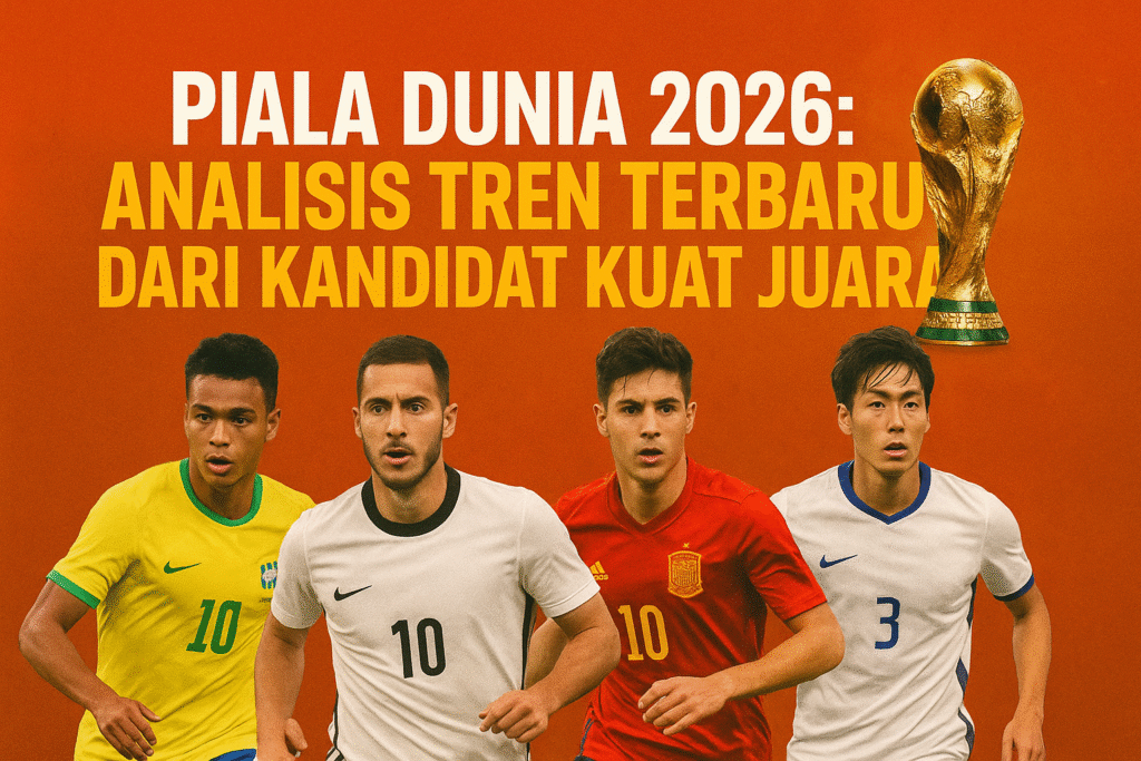 “Ilustrasi Piala Dunia 2026 dengan empat pemain nasional dan trofi World Cup, menggambarkan analisis tren terbaru dari kandidat kuat juara.”
