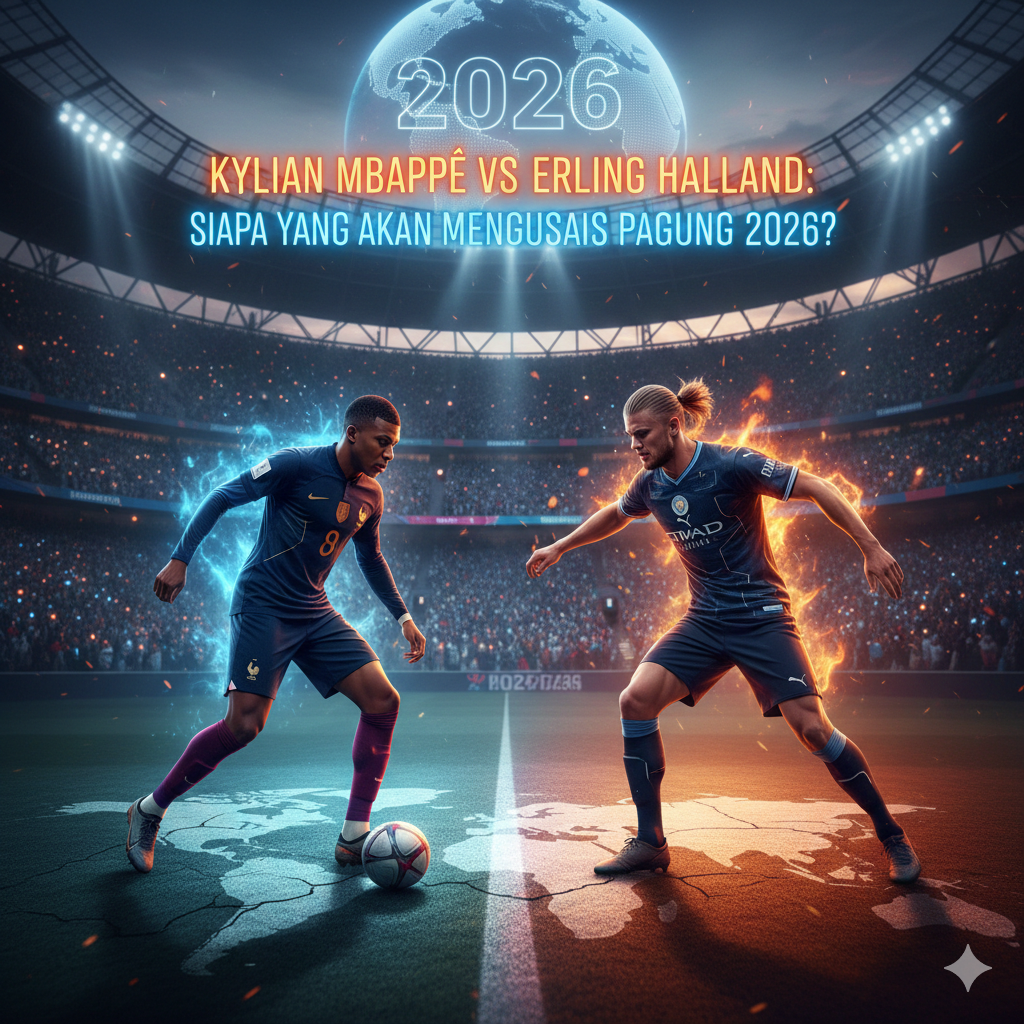 "Kylian Mbappé dan Erling Haaland berhadapan di lapangan sepak bola yang disorot lampu, melambangkan rivalitas mereka menuju dominasi 2026."