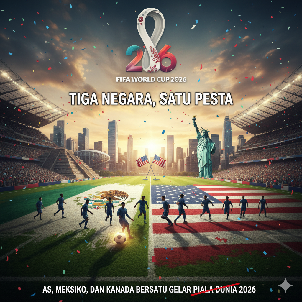 Ilustrasi stadion penuh penonton merayakan hitung mundur Piala Dunia 2026. Podium futuristik dengan jam digital menunjukkan 10 detik, dikelilingi bendera AS, Meksiko, dan Kanada."