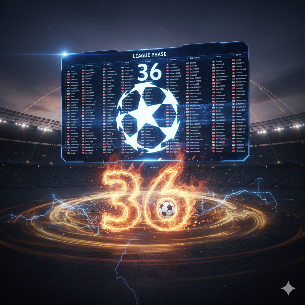 Visualisasi format baru Liga Champions UEFA dengan 36 tim, menampilkan logo UCL dan papan klasemen liga.