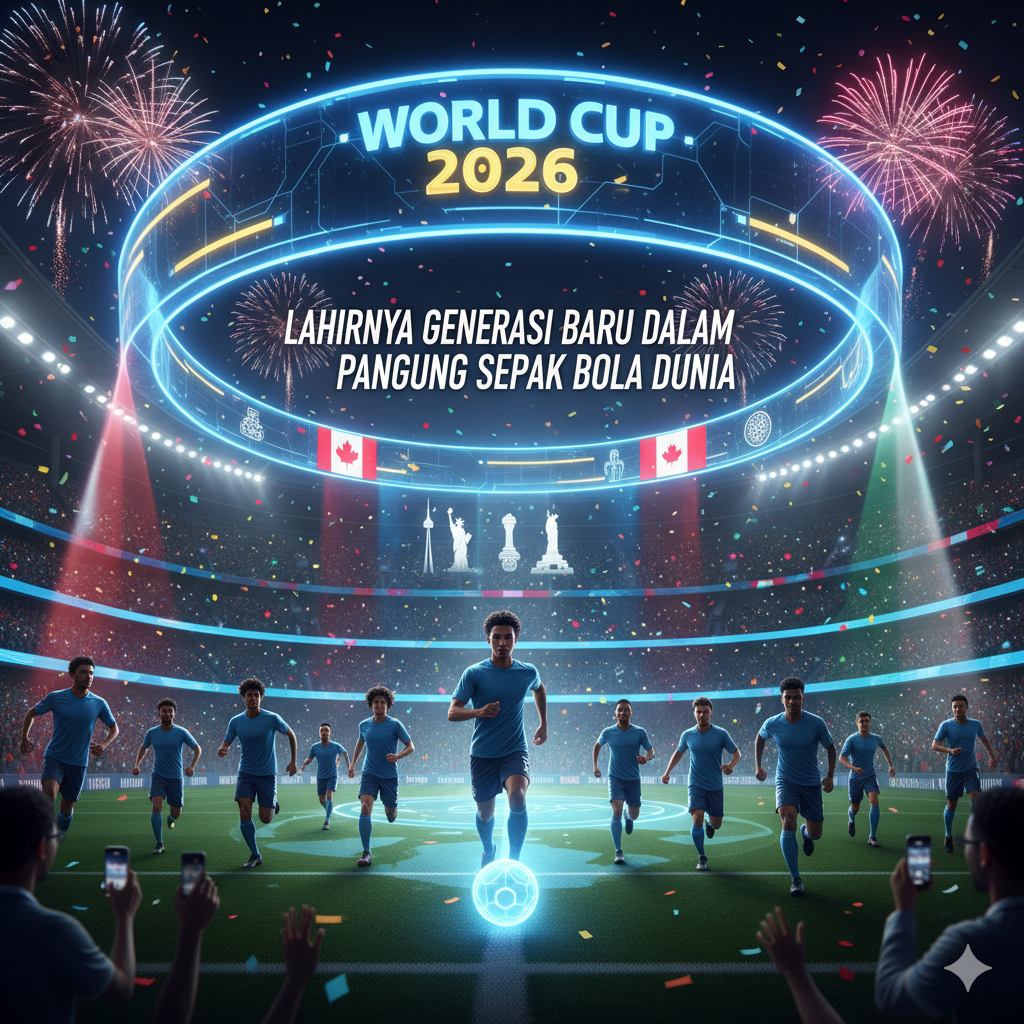 Stadion sepak bola megah dengan tulisan 'World Cup 2026' di tengah lapangan, dikelilingi oleh cahaya biru neon, kembang api, bendera Kanada, Meksiko, AS, dan sekelompok pemain muda berlari mengejar bola, melambangkan generasi baru."