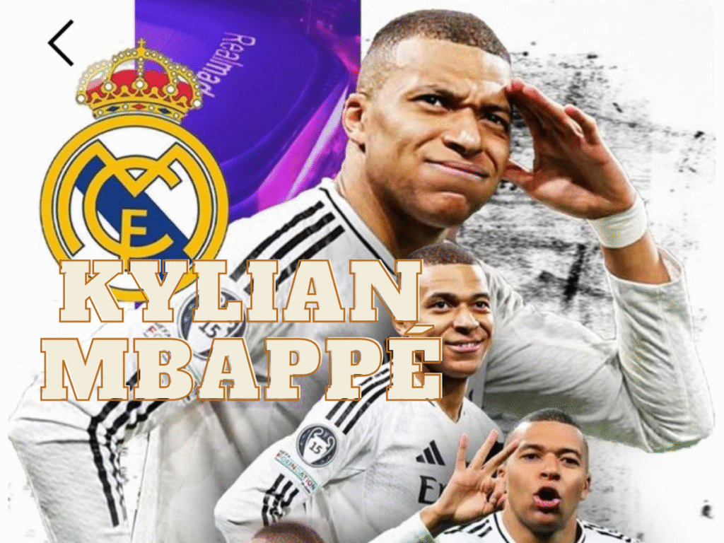 Kylian Mbappe Real Madrid statistik Liga Champions 2025/2026. Tabel menunjukkan Mbappe bermain 5 kali, mencetak 9 gol, 0 assist, dan 0 kartu kuning. Foto Mbappe tersenyum dengan seragam putih Madrid
