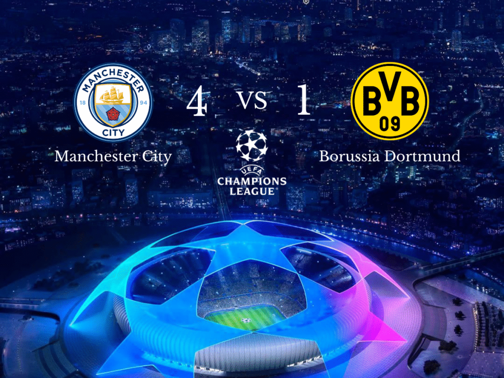 Hasil pertandingan Liga Champions UEFA antara Manchester City dan Borussia Dortmund berakhir dengan skor 4-1 di Etihad Stadium. Phil Foden mencetak dua gol, Erling Haaland menambah satu, dan Rayan Cherki menutup kemenangan, sementara Dortmund mencetak gol hiburan melalui Waldemar Anton