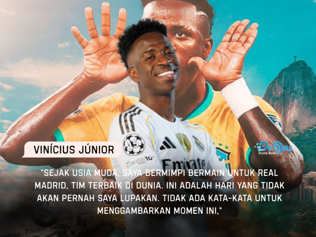 Vinícius Júnior berlari kencang sambil menggiring bola di lapangan hijau, mengenakan seragam Real Madrid putih, merayakan gol kemenangan, menandai perannya sebagai bintang kunci di klub