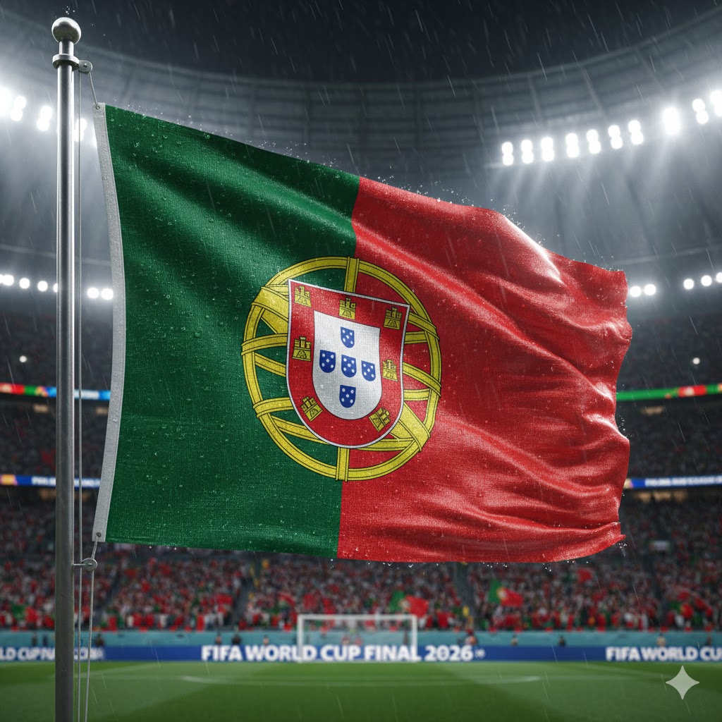 Bendera Portugal merayakan lolos Piala Dunia 2026 dengan Cristiano Ronaldo