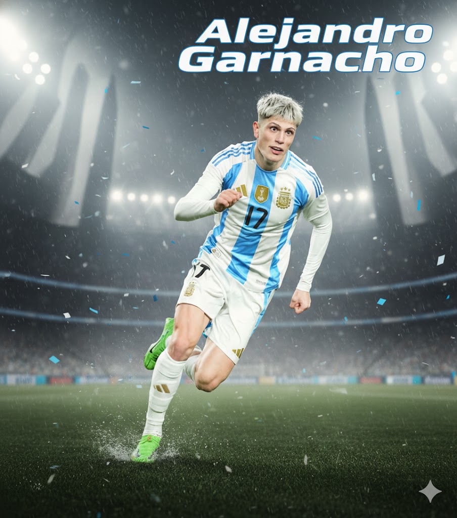 Alejandro Garnacho dengan pose serius di lapangan, menunjukkan bakatnya namun dihadapkan dengan tantangan sikap untuk meraih impian Piala Dunia 2026.