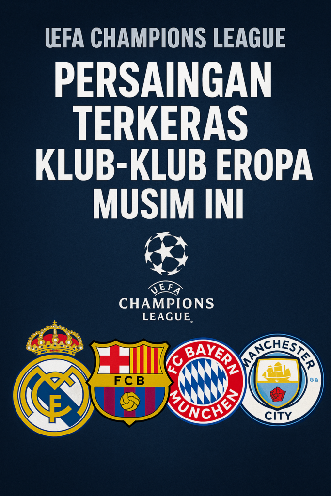 “Poster UEFA Champions League menampilkan logo Real Madrid, Barcelona, Bayern Munich, dan Manchester City dengan judul Persaingan Terkeras Klub-Klub Eropa Musim Ini.”