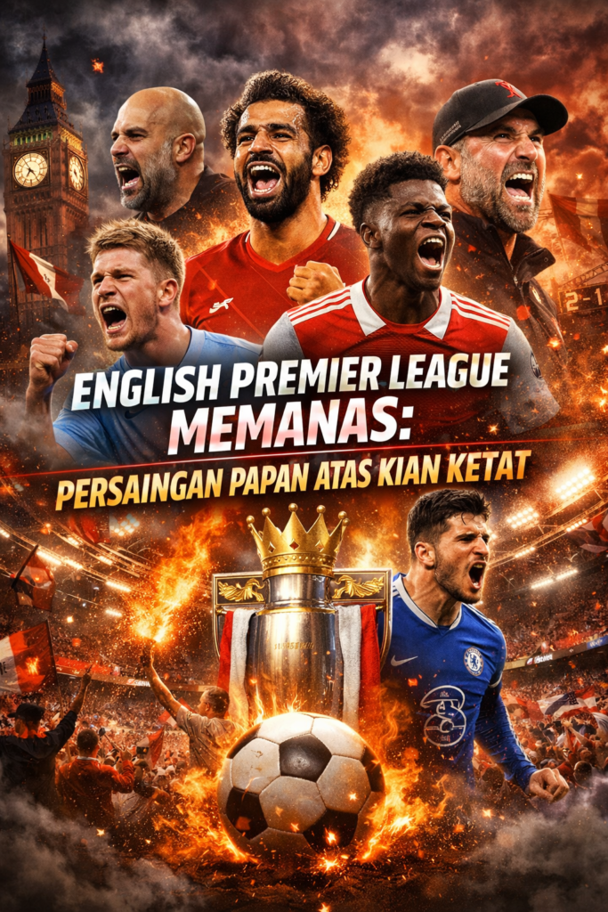 Ilustrasi persaingan papan atas English Premier League dengan pemain bintang, trofi liga, dan atmosfer stadion yang panas