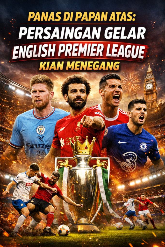 Ilustrasi persaingan gelar English Premier League dengan pemain bintang dan trofi liga di tengah stadion penuh penonton.