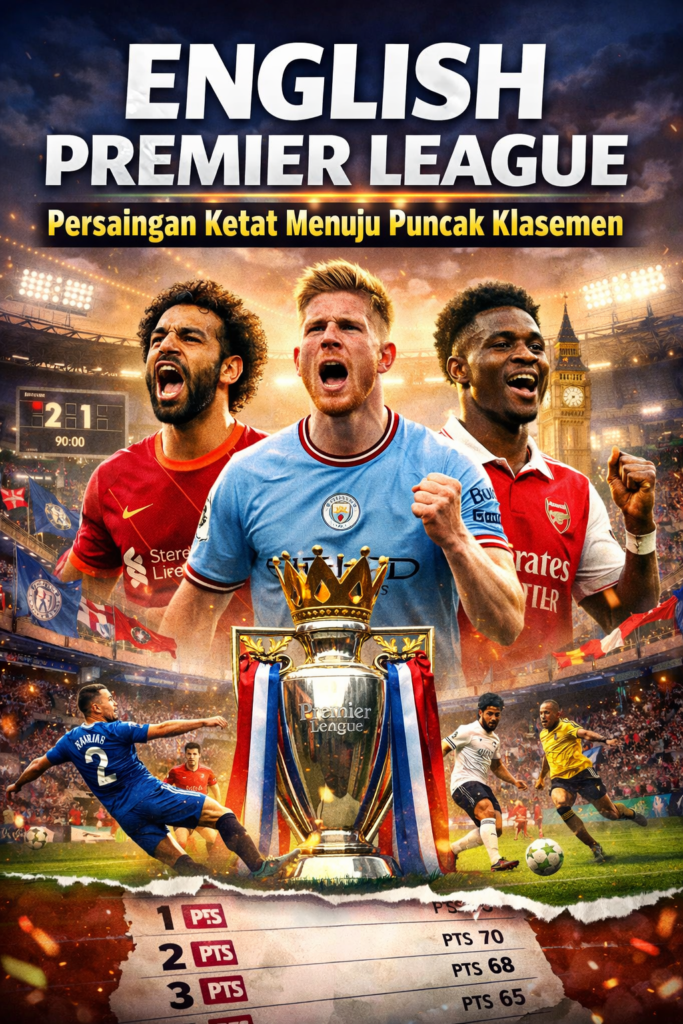 Ilustrasi persaingan ketat English Premier League dengan pemain bintang dan trofi liga di tengah stadion penuh suporter
