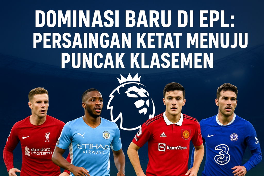 “Gambar empat pemain dari klub top Premier League dengan logo EPL di tengah dan teks judul Dominasi Baru di EPL: Persaingan Ketat Menuju Puncak Klasemen.”