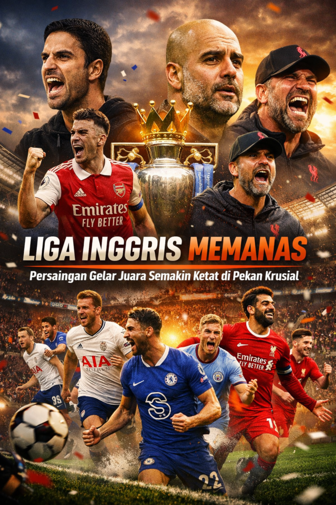 Ilustrasi persaingan gelar juara Liga Inggris dengan pemain Arsenal, Manchester City, dan Liverpool di tengah stadion penuh penonton.