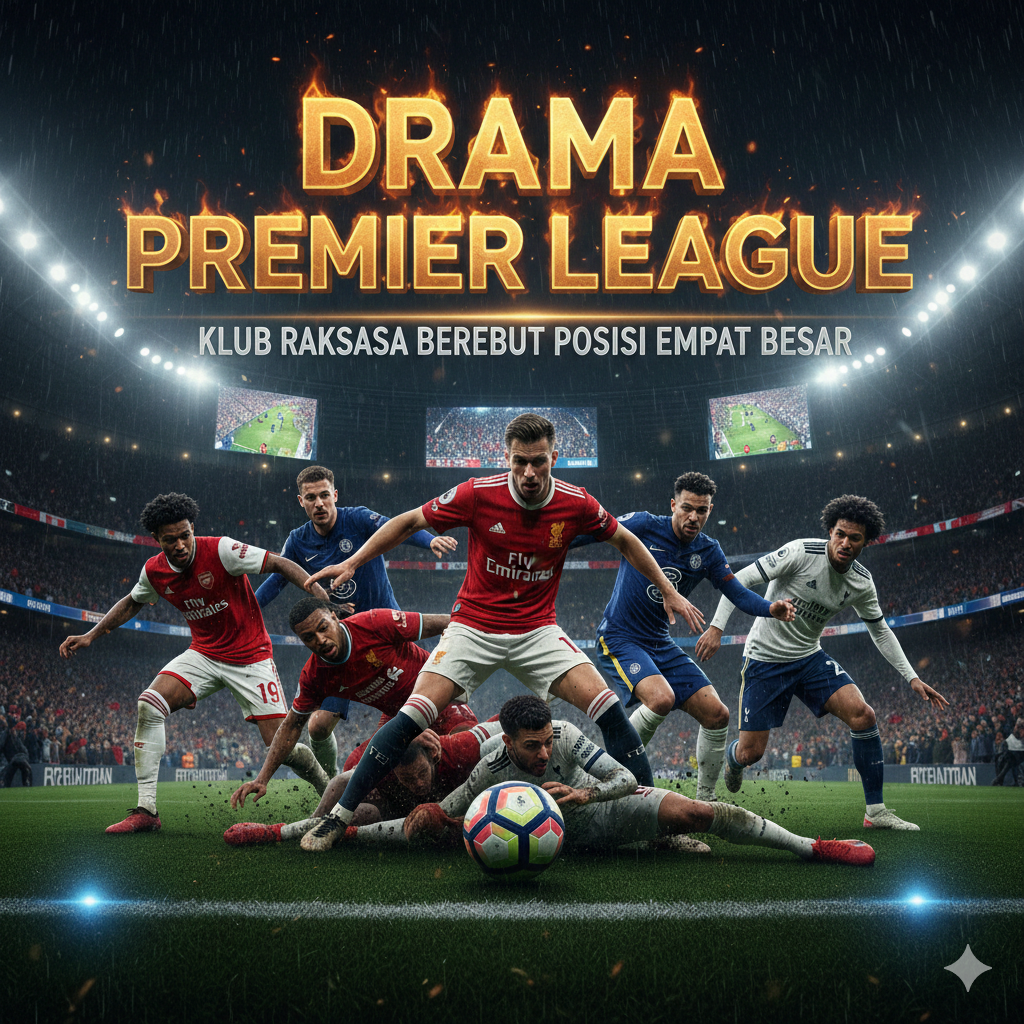 "Ilustrasi dramatis pemain sepak bola dari klub raksasa Liga Inggris seperti Liverpool, Chelsea, dan Arsenal sedang berebut bola di stadion megah dengan latar belakang teks Drama Premier League."