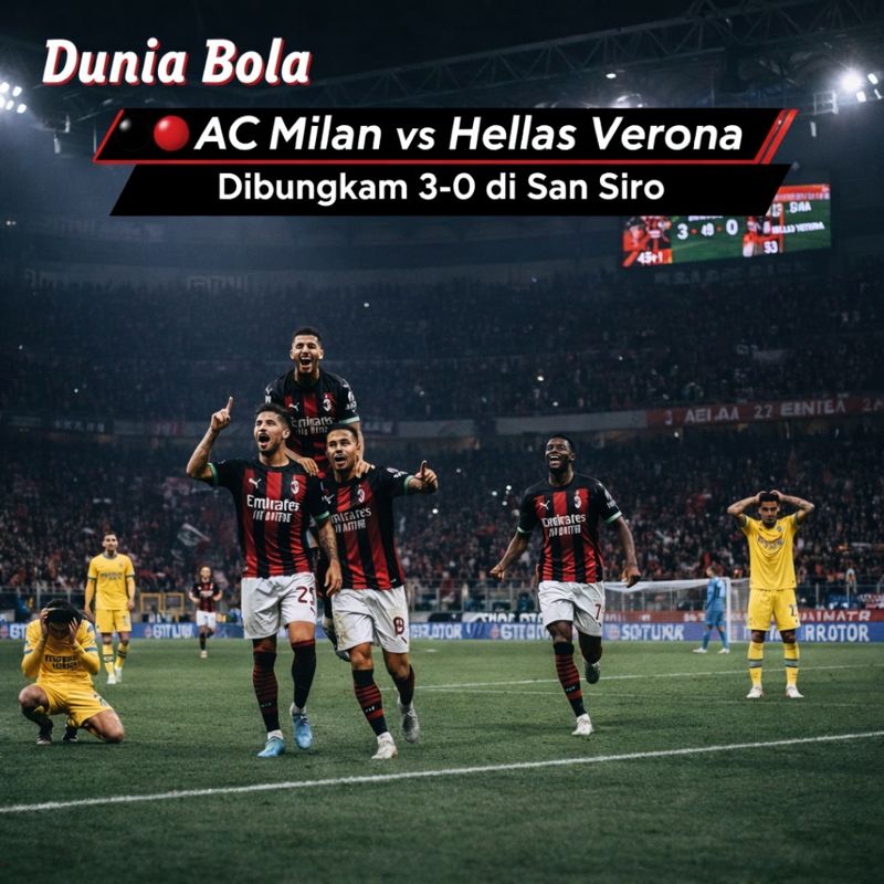 AC Milan meraih kemenangan 3-0 atas Hellas Verona dalam laga Serie A, menampilkan momen penendang penalti.