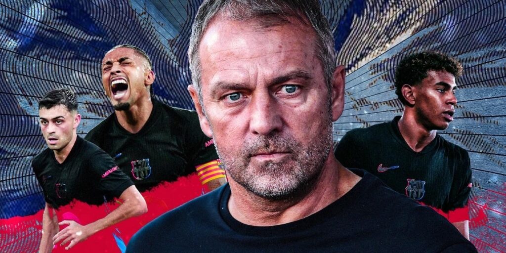 Hansi Flick bersama para pemain Barcelona di pinggir lapangan Camp Nou