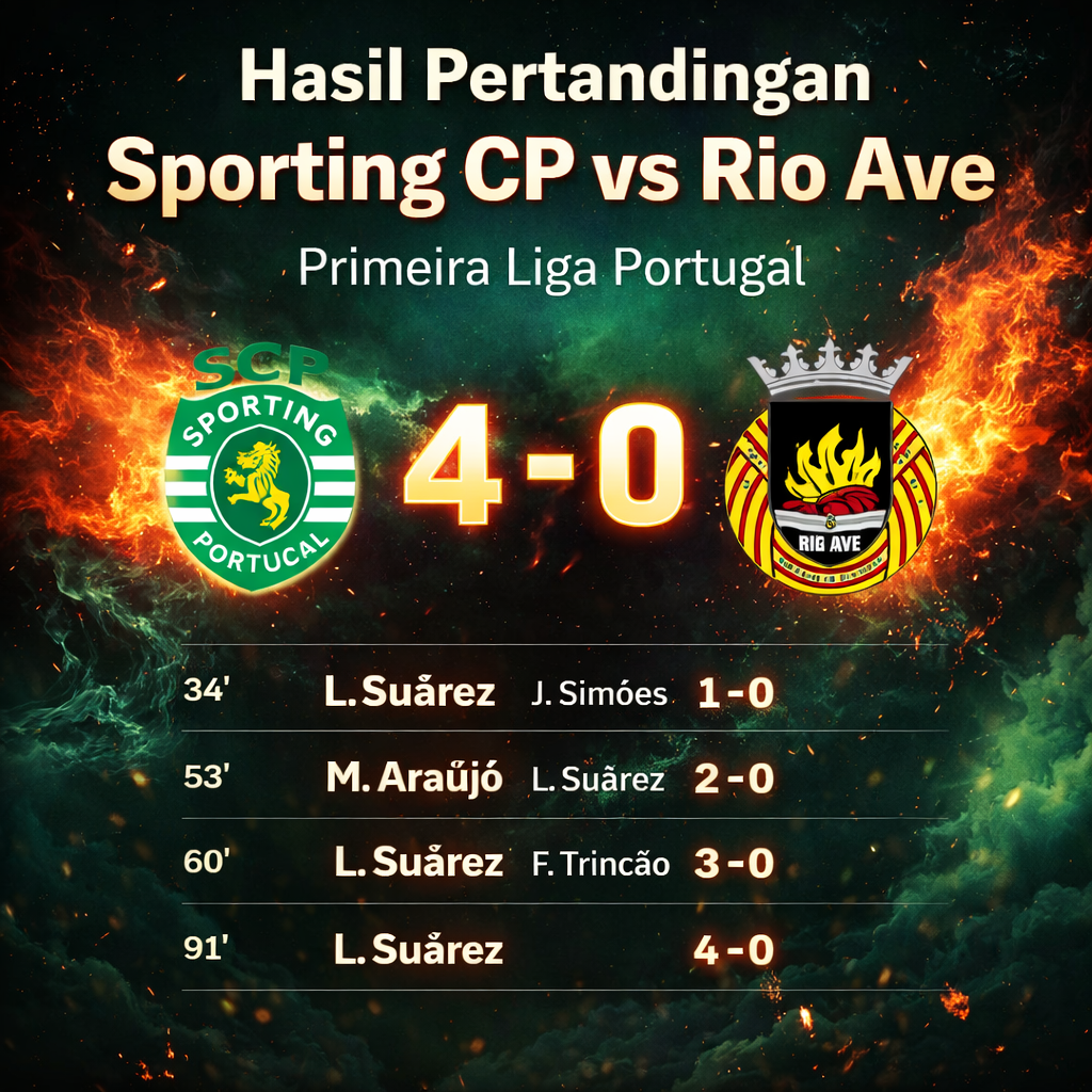 hasil pertandingan Sporting CP vs Rio Ave skor 4-0 Primeira Liga