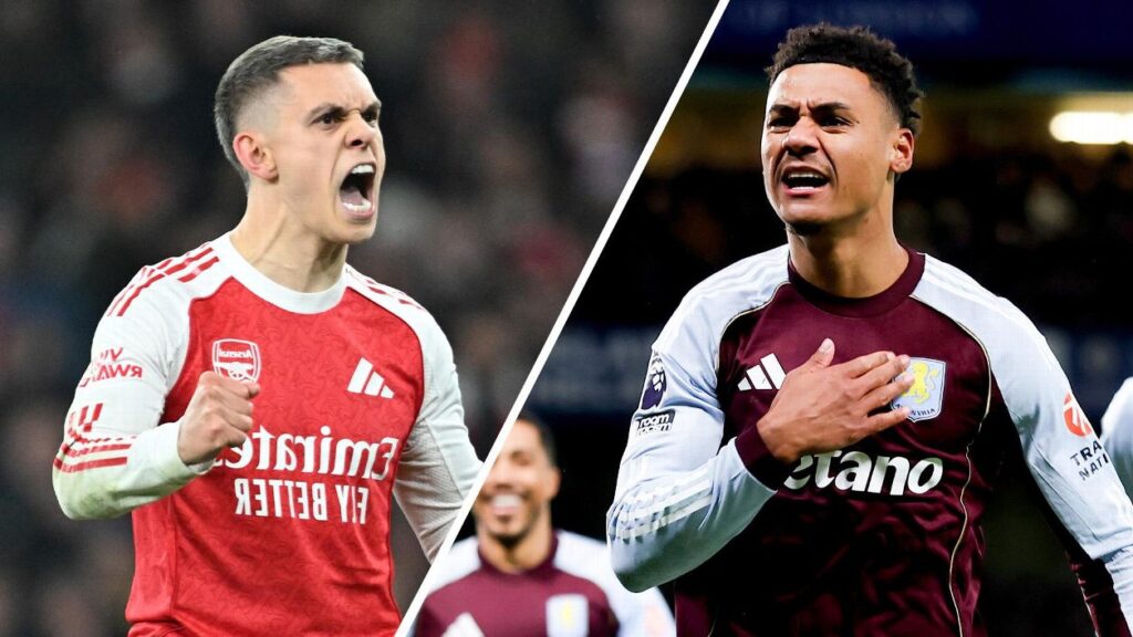 Pemain Arsenal dan Aston Villa saling berebut bola dalam pertandingan Liga Inggris di Emirates Stadium.