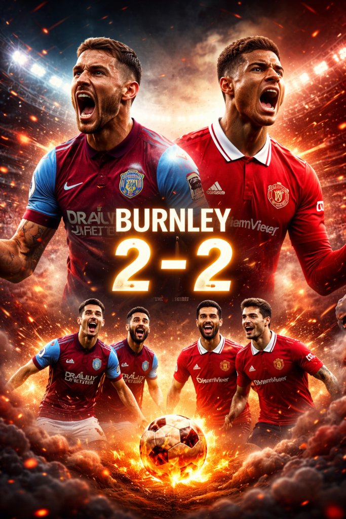 Burnley vs Manchester United 2-2 - Pertandingan Liga Premier dengan efek dramatis dan cerah, menampilkan pemain dari kedua tim dalam suasana yang intens.