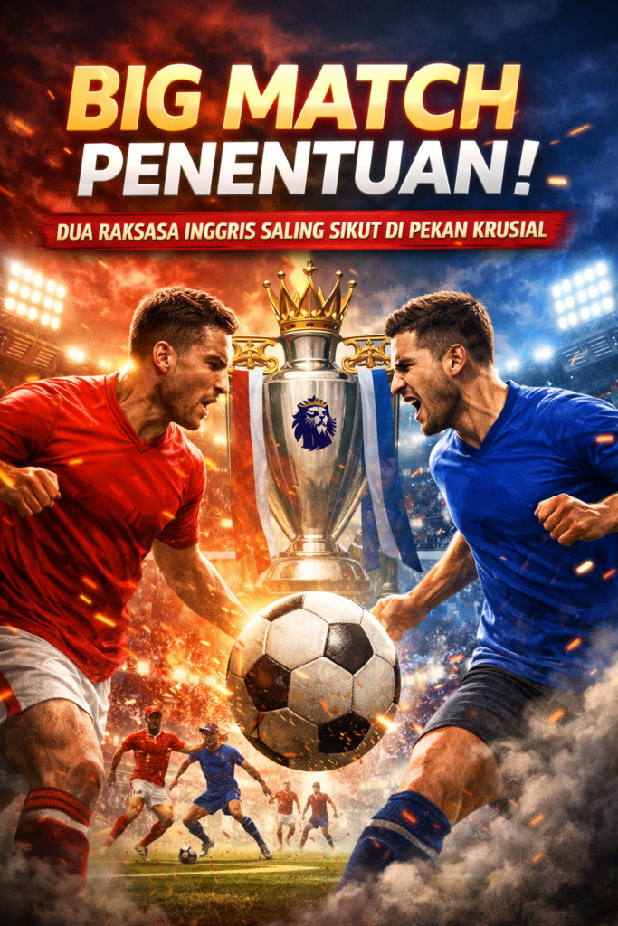 Ilustrasi big match Liga Inggris antara dua tim raksasa dengan latar stadion penuh dan trofi Premier League di tengah lapangan