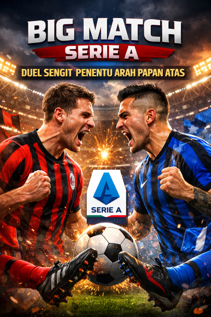 Ilustrasi pertandingan panas Serie A antara dua tim papan atas di stadion penuh penonton