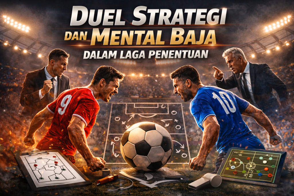 Ilustrasi duel strategi sepak bola antara dua tim dengan pemain, pelatih, dan papan taktik dalam laga penentuan.