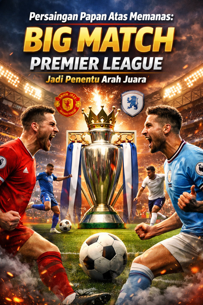 Dua pemain Premier League saling berhadapan dengan trofi liga di tengah stadion, menggambarkan persaingan ketat papan atas