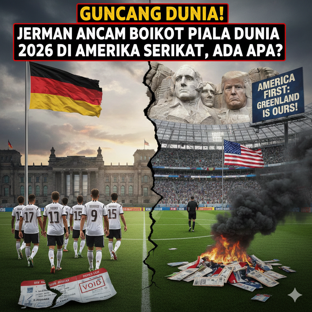 Ilustrasi kontroversi boikot Piala Dunia 2026 yang menampilkan timnas Jerman membelakangi stadion di Amerika Serikat dengan latar belakang isu politik dan tiket pertandingan yang hangus.