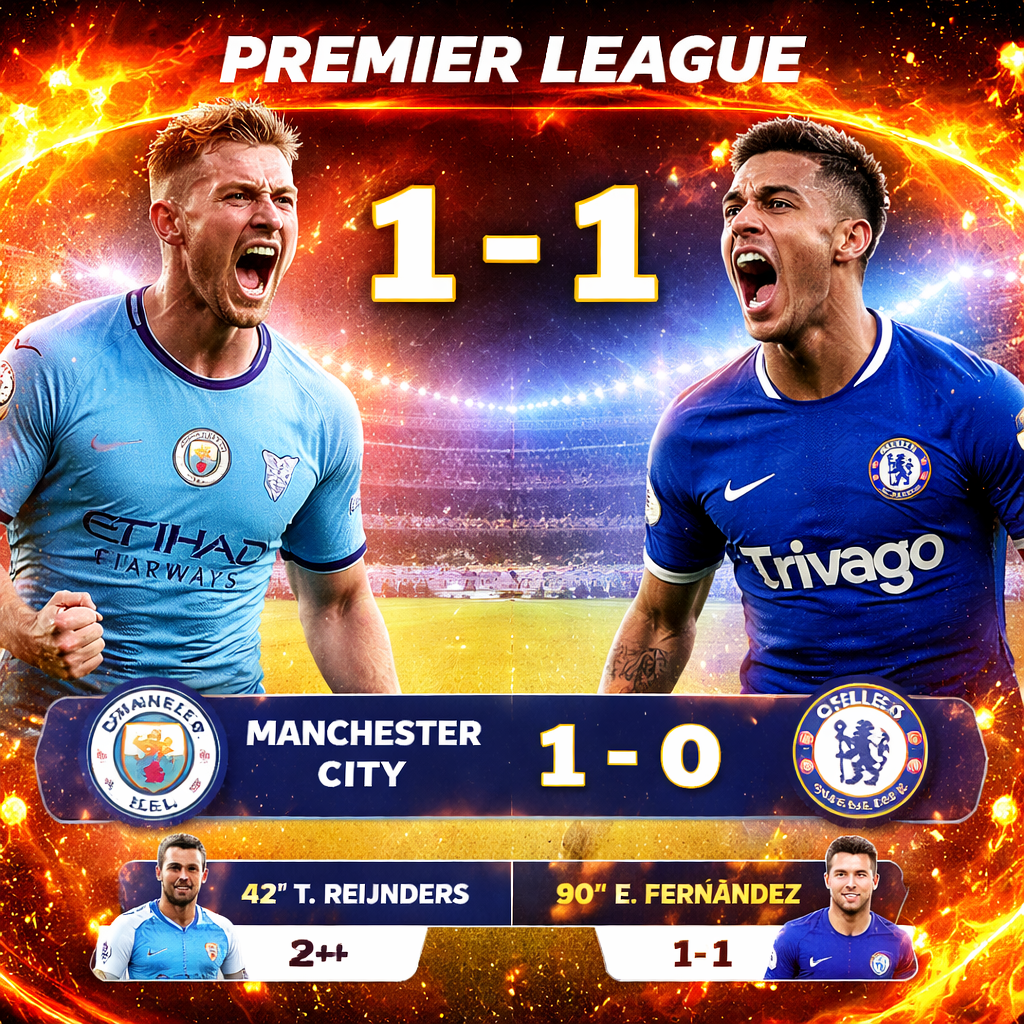 Pertandingan Manchester City vs Chelsea di Premier League berakhir imbang 1-1 dengan gol T. Rajinders dan E. Fernández.
