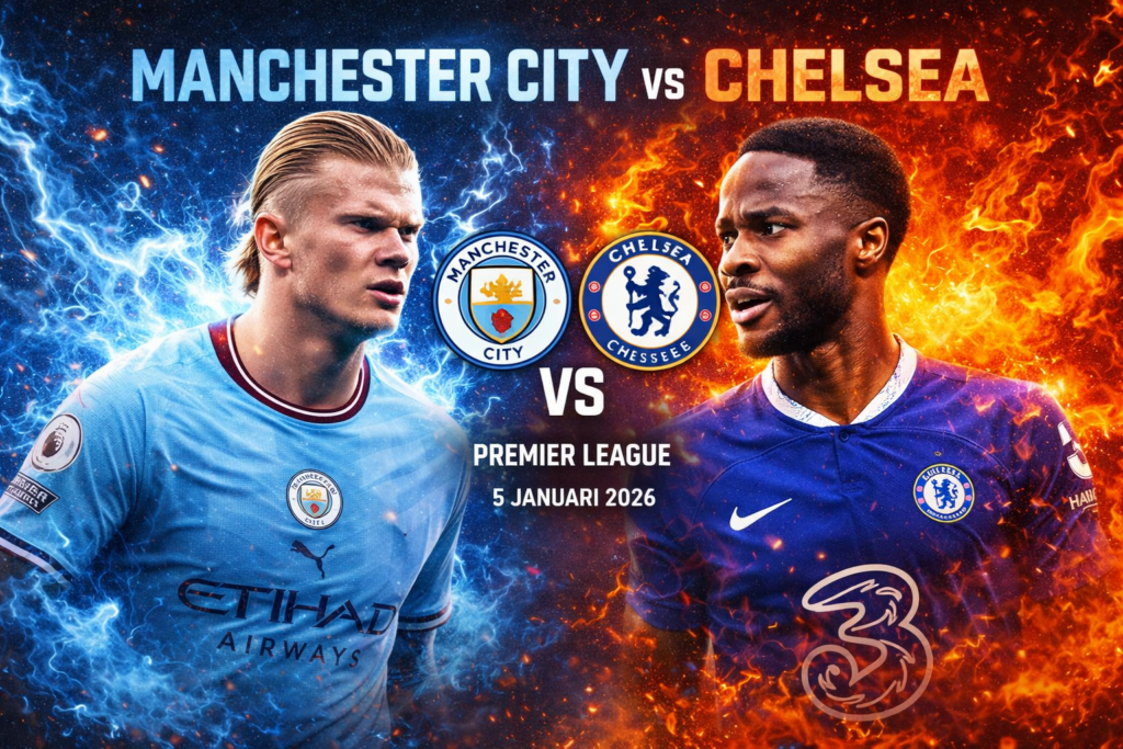 Poster pertandingan Manchester City vs Chelsea Premier League menampilkan Erling Haaland dan Raheem Sterling dengan efek dramatis