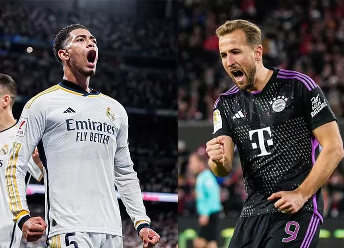 Jude Bellingham dari Real Madrid dan Harry Kane dari Bayern Munchen sedang merayakan gol dalam pertandingan Liga Champions