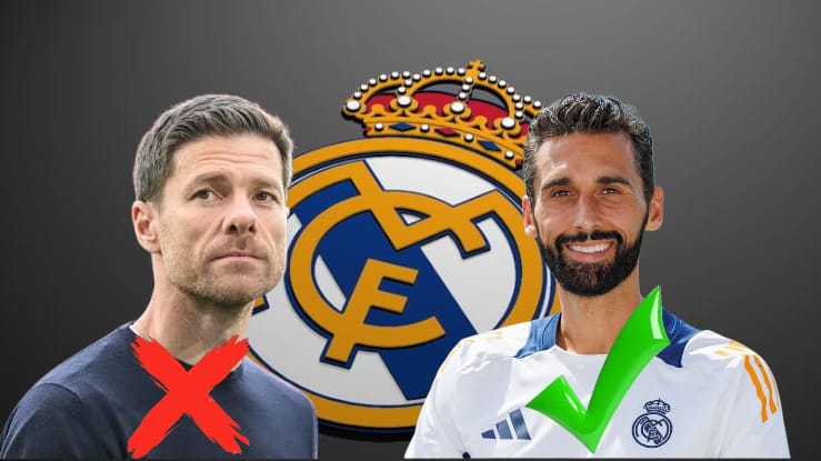 Xabi Alonso dengan tanda silang merah dan Alvaro Arbeloa dengan tanda centang hijau dengan latar belakang logo Real Madrid.