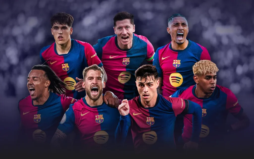 Skuad pemain Barcelona merayakan gol dengan penuh semangat di bawah arahan pelatih Hansi Flick dalam balutan jersei Blaugrana.