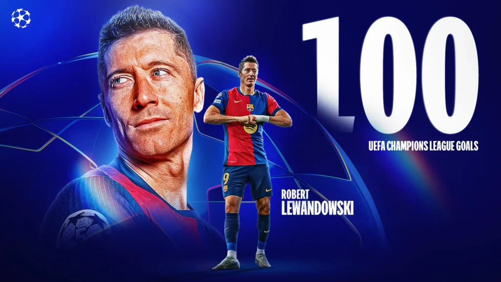 Robert Lewandowski mengenakan seragam Barcelona dengan latar belakang grafis angka 100 gol Liga Champions