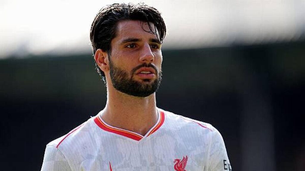 Foto close-up Dominik Szoboszlai, kapten timnas Hungaria dan pemain Liverpool, mengenakan jersey putih dengan latar belakang lapangan hijau.