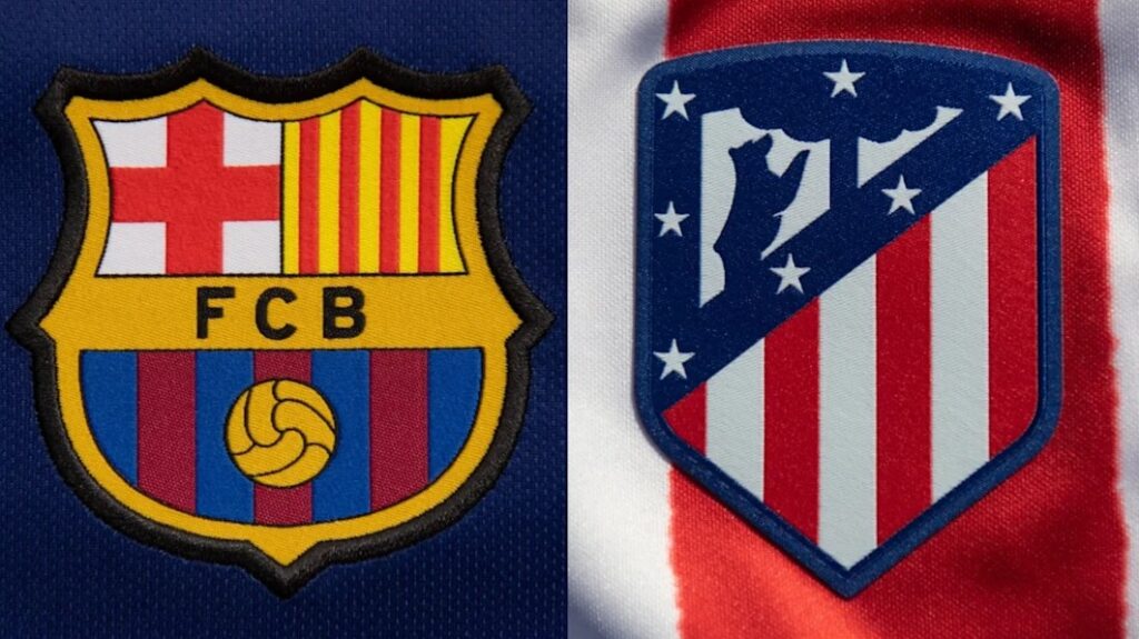 Logo Barcelona vs Atletico Madrid dengan latar belakang bendera klub.