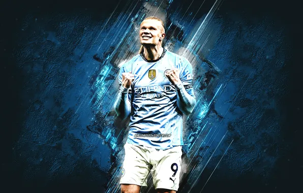 Erling Haaland merayakan gol dengan kostum Manchester City dengan latar belakang grafis biru artistik.