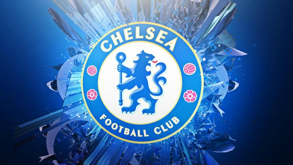 Logo Chelsea FC dengan latar belakang biru elektrik