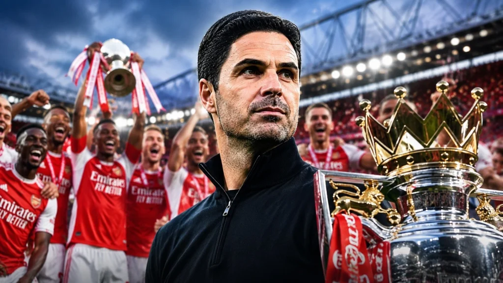 Pelatih Arsenal Mikel Arteta menatap masa depan dengan latar belakang trofi juara dan skuad merayakan kemenangan.